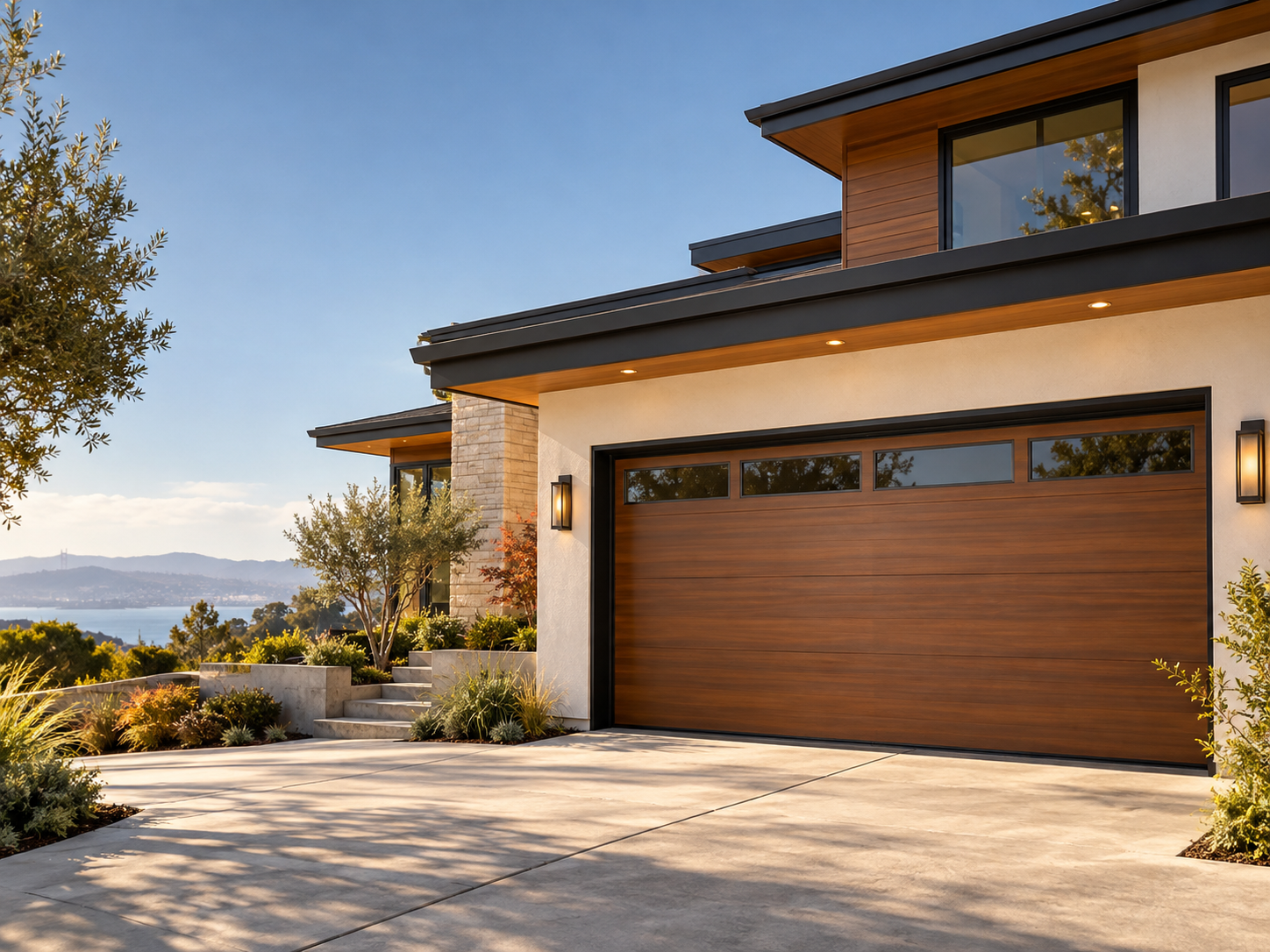 Modern home with a newly installed wood garage door